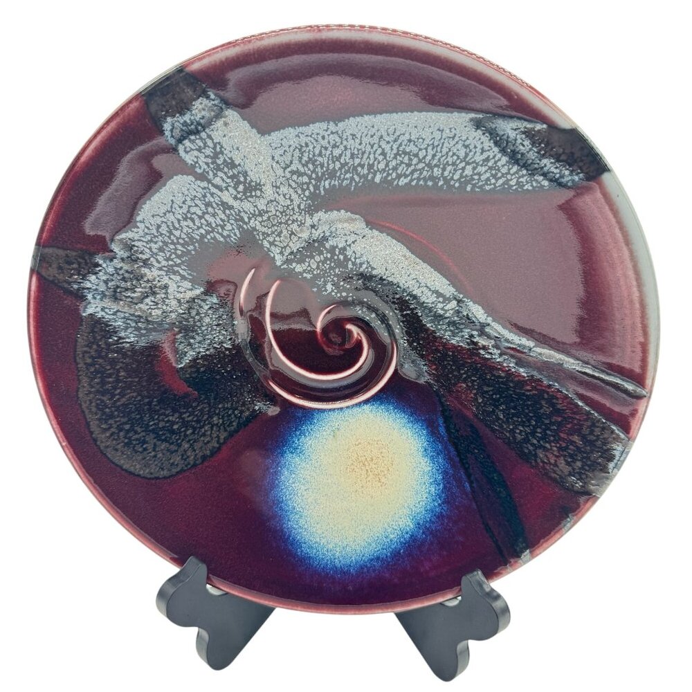 Matthew Patton Studio Pottery Bowl Abstract Swirl Blue Accents 10.25" D